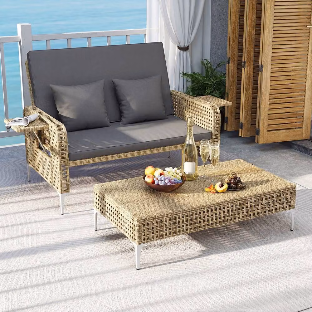 Costway 2-Piece Grey PE Rattan Patio Daybed Set with Adjustable Backrest and Outdoor Fabric – 3