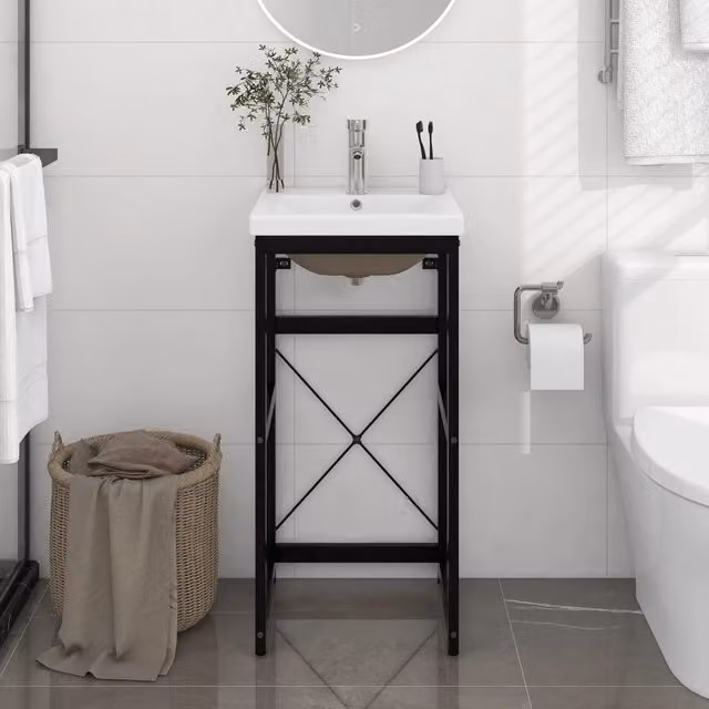 Berkfield Home Modern Bathroom Washbasin Frame with Built-in Ceramic Basin in Matt Black Metal