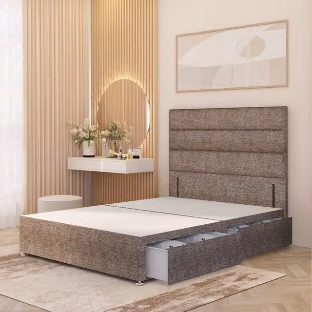Horizona Modern Upholstered Divan Bed Base with Drawers and Floor Standing Headboard, Brown, W/D/H: 120 x 200 x 34.5 cm