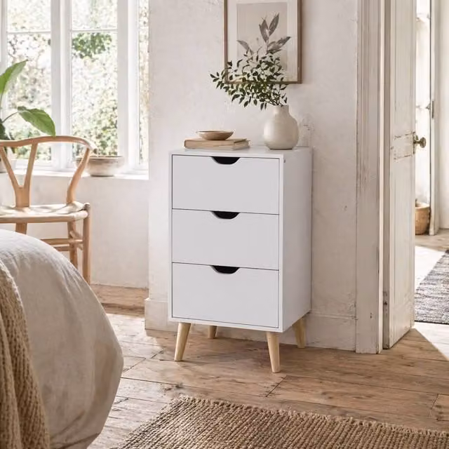 Wyld Haus Rato 3 Drawer White Bedside Table with Natural Pine Legs – 1