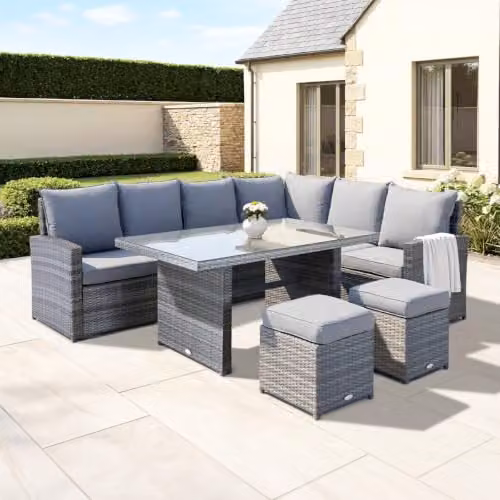 CHARLES BENTLEY 6 Seater L-Shape Rattan Dining Set in Grey with Matching Ottoman and Weatherproof Cushions, W/D/H: 196 x 72 x 87 cm – 1