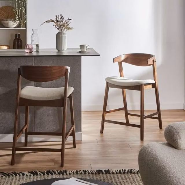 Wyld and Coco Heritage Retro Bar Chairs Set of 2 in Beige Polyester with Lacquered Rubberwood Frame – 1