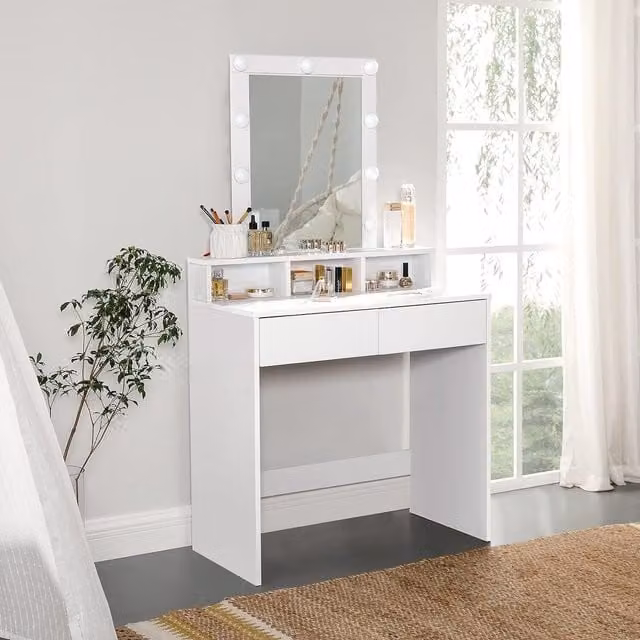 VASAGLE Modern White LED Vanity Table with Adjustable Brightness Mirror and 2 Drawers – 1