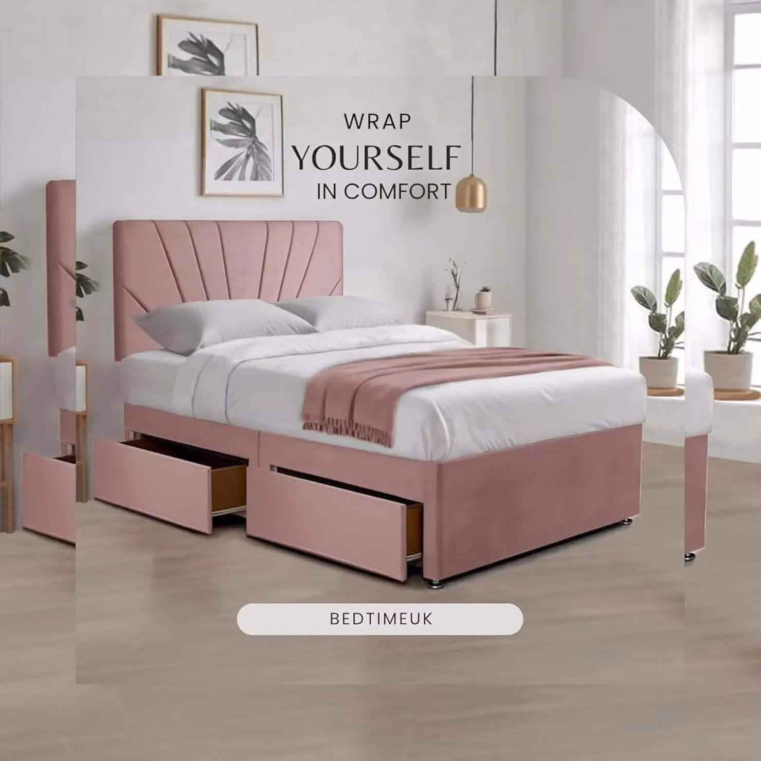 Bed Time UK Plush Divan Bed with 20 inch Sunrise Headboard, 2 Drawers and Mattress in Pink, Super King, W/D/H: 200 x 200 cm – 2