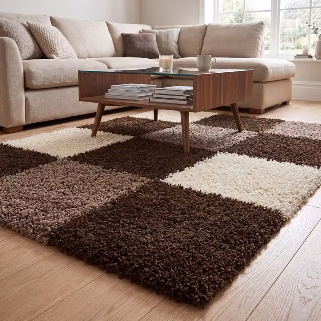 Bravich California Checked Shaggy Rug in Brown, W: 150 cm, D: 80 cm