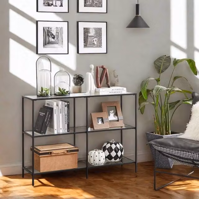 Pirlo Plush 3 Tier Tempered Glass Console Table for Hallway, Black and Transparent, W/D/H: 73 x 30 x 30 cm