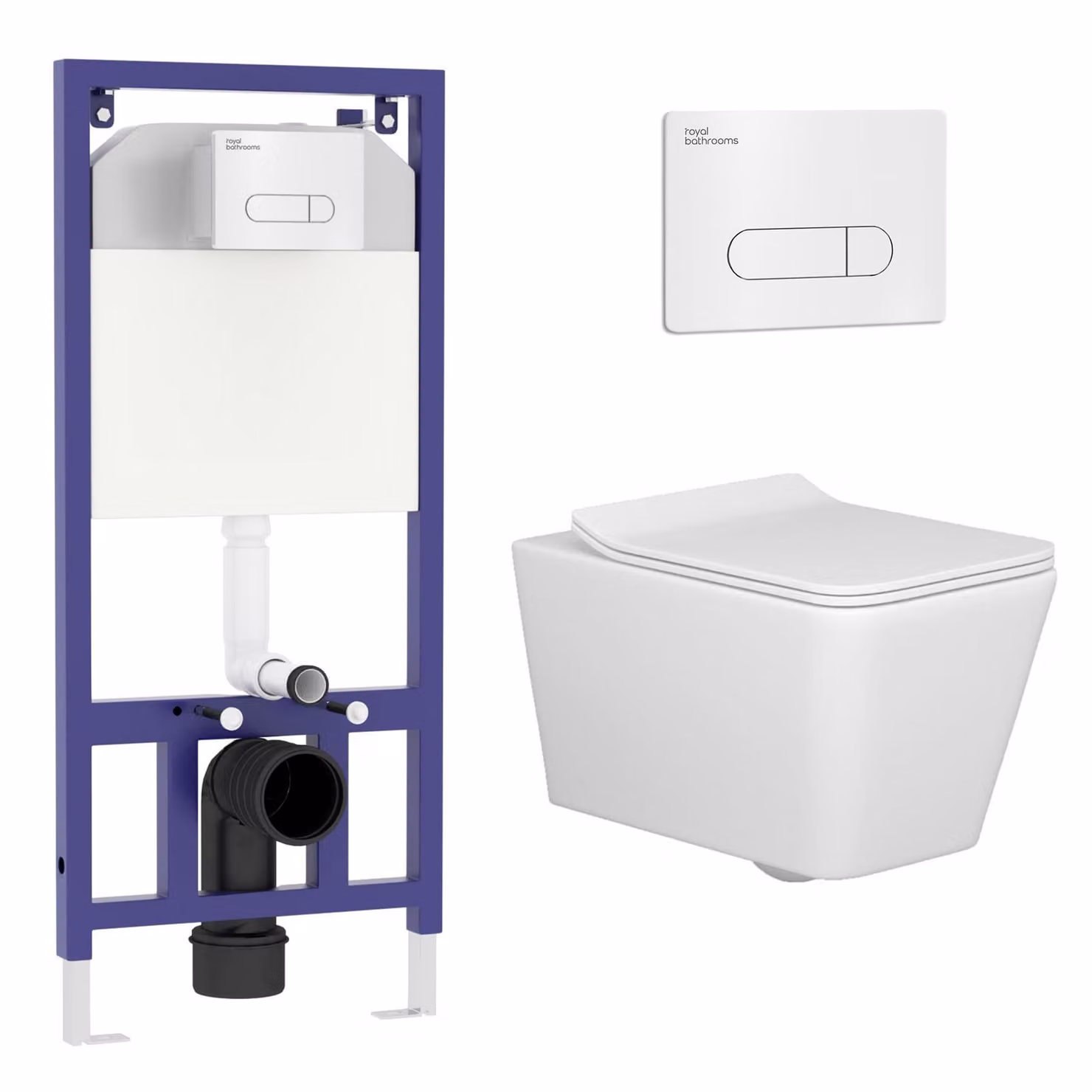 Royal Bathrooms Elena White Ceramic Wall Hung Rimless Toilet with Slim Soft Close Seat and Chrome Plate and Aqua Wall Hung Frame