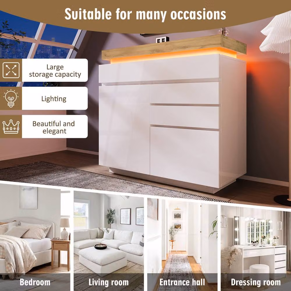 Merax White Glossy Modern Sideboard Storage Cabinet with Integrated LED Lighting – 3