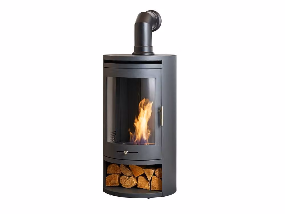 OKO S5 Bio Ethanol Cylinder Stove with Log Storage in Charcoal Grey and Angled Stove Pipe – 2