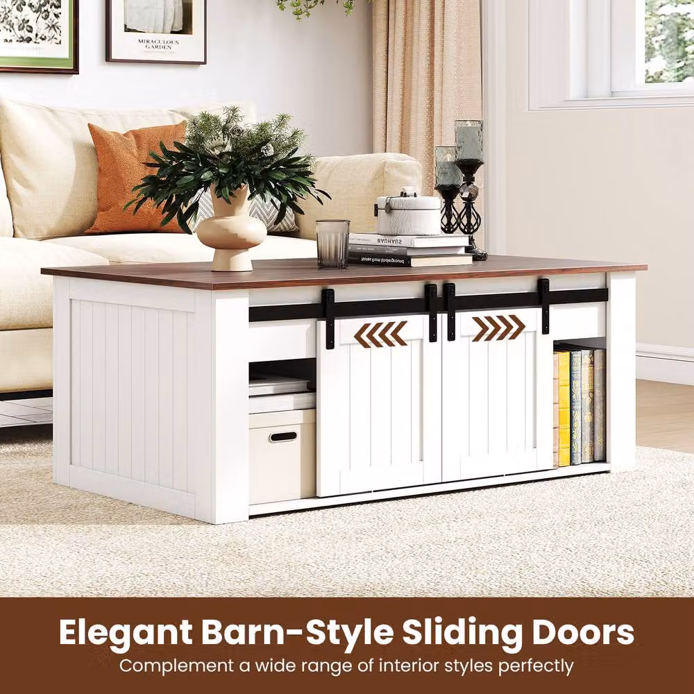 Costway White Farmhouse Lift Top Coffee Table with Storage Doors and Rustic Wood Finish, W: 120 cm, H: 48 cm – 7