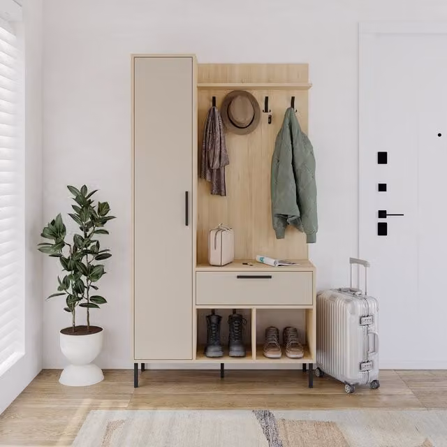 Decortie Acton Hallway Storage Unit with Hooks Tall Cupboard in Sandstone Grey