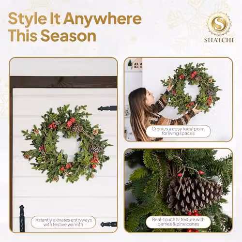 SHATCHI Artificial Fir Christmas Wreath in Green and Red with Real Touch Pine Needles, Berries and Pine Cones, Diameter: 80 cm – 6