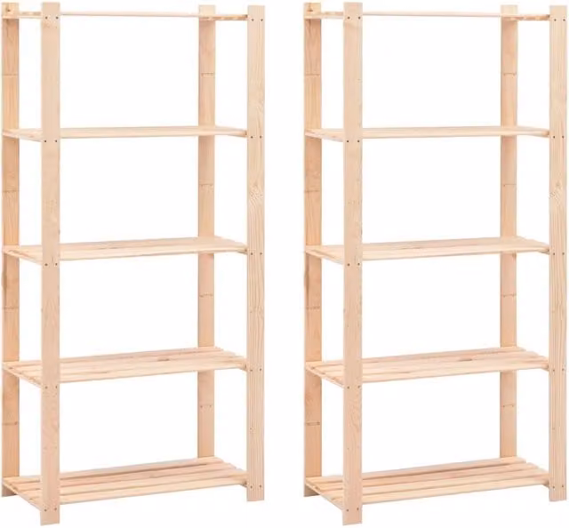 Berkfield Home 2-Piece Set of 5-Tier Solid Pinewood Storage Racks in Beige, W/D/H: 80 x 38 x 170 cm