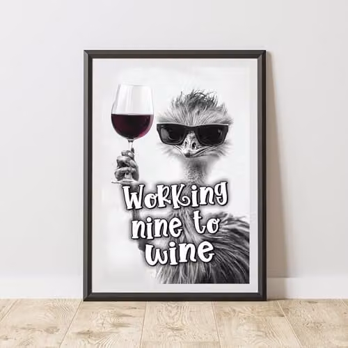 60 Second Makeover Limited Funny Emu Working Nine To Wine Paper Poster, Black and White, A4