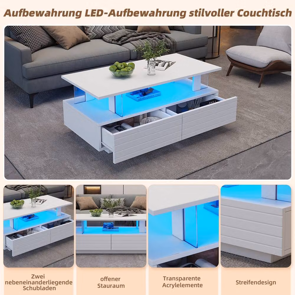Rolipo Modern White Glossy LED Coffee Table with 2 Drawers and Open Storage – 3