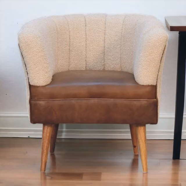 Artisan Furniture Scandinavian Tub Armchair with Solid Mango Wood Frame in Beige and Brown Bouclé and Leather