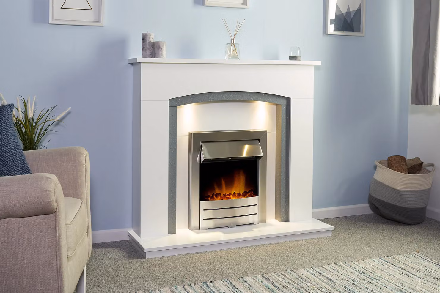 Adam Fires & Fireplaces Savanna Electric Fireplace in Pure White and Grey with Downlights and Brushed Steel Colorado Electric Fire, 48 Inch – 2