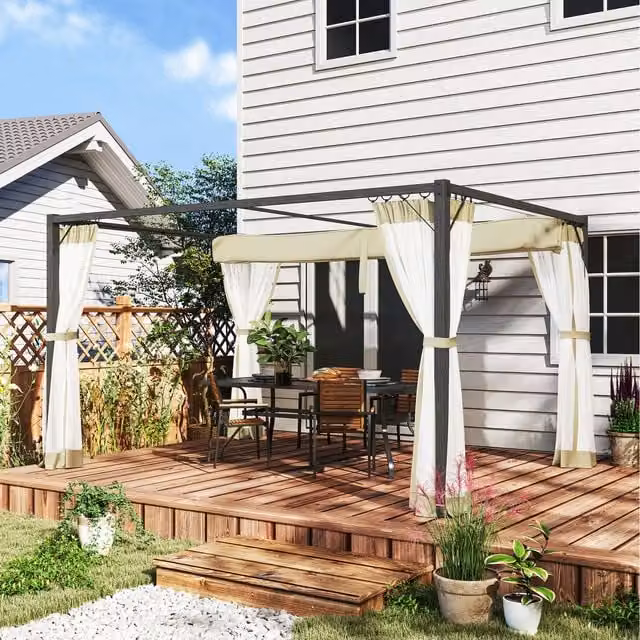 Outsunny Retractable Pergola Canopy with Netting in Beige