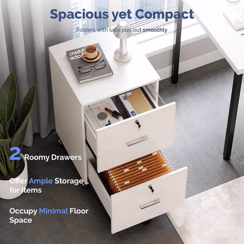 KORVIXA Lockable 2-Drawer Office File Cabinet in White – 3