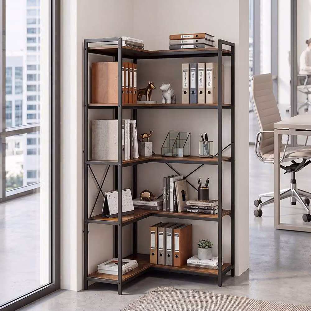 Levede 5-Tier L-Shaped Corner Bookcase in Brown and Black – 7