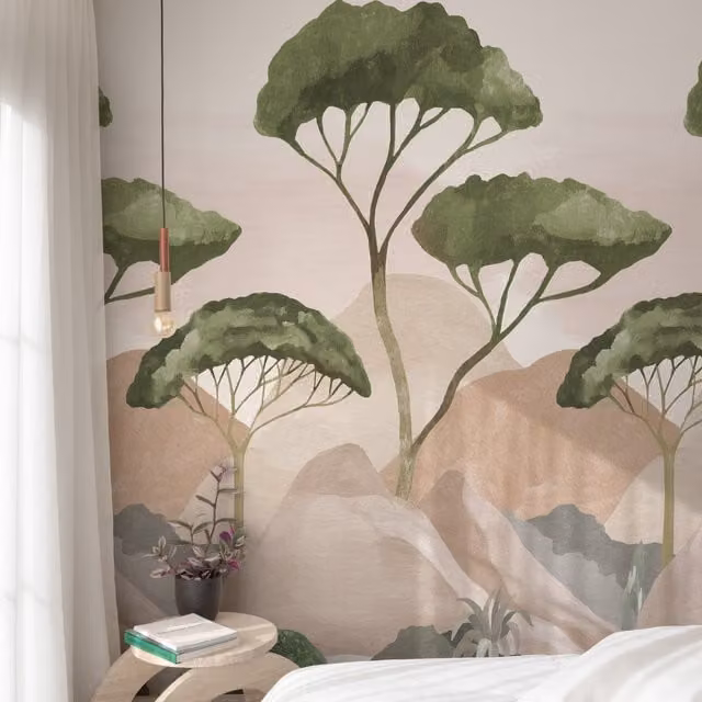 Grandeco Ovledo Mountain Trees 3 Lane Repeatable Wallpaper Mural in Pink