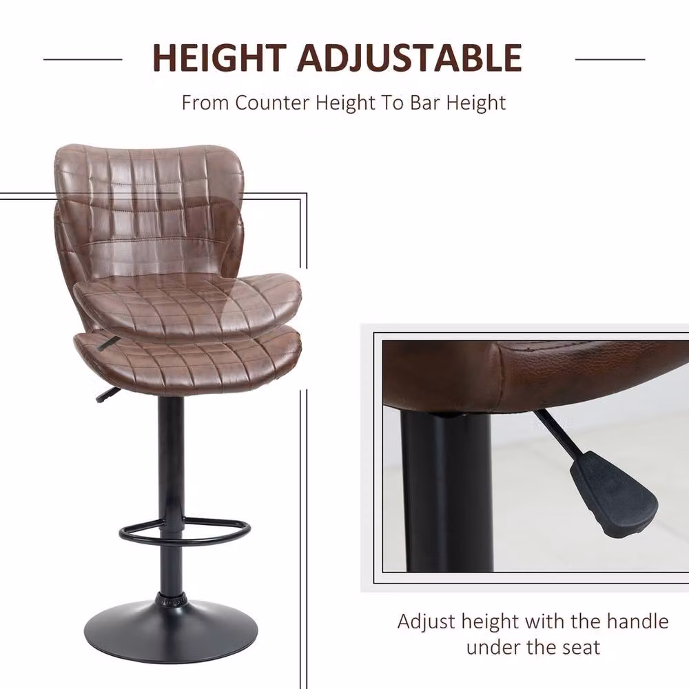 HOMCOM Set of 2 Brown PU Leather Swivel Bar Stools with Adjustable Height – 3