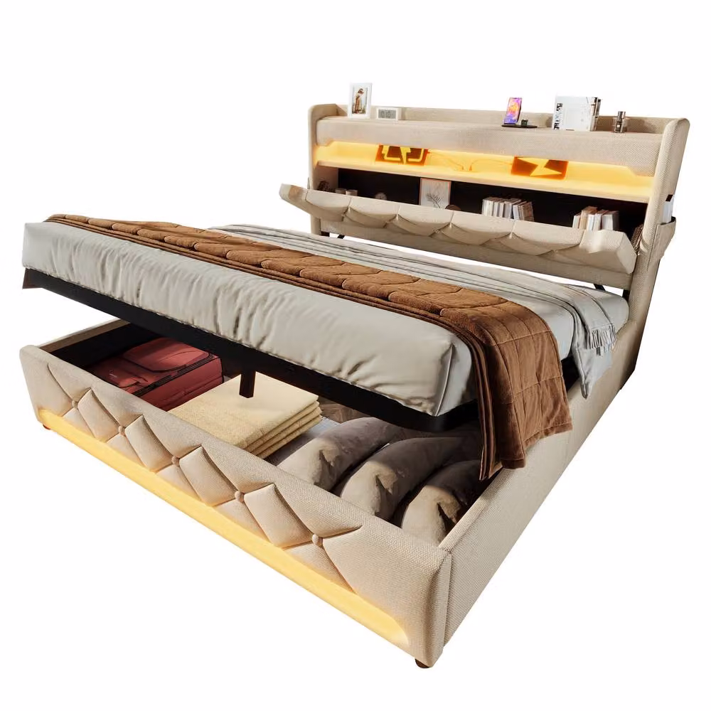 Matteo Upholstered Super King Bed in Beige with LED Lighting, USB Charging Ports, Bedside Shelves and Hydraulic Storage, W/D/H: 180 x 200 cm – 5