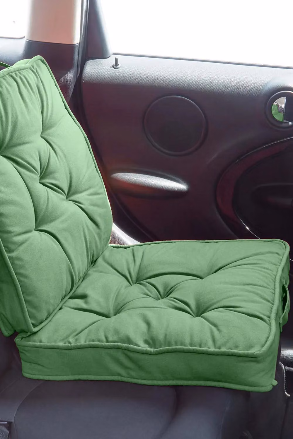 Homescapes Dark Green Cotton Travel Booster Cushion, Firm Square Seat Pad and Backrest, W/D/H: 50 x 50 x 10 cm – 3