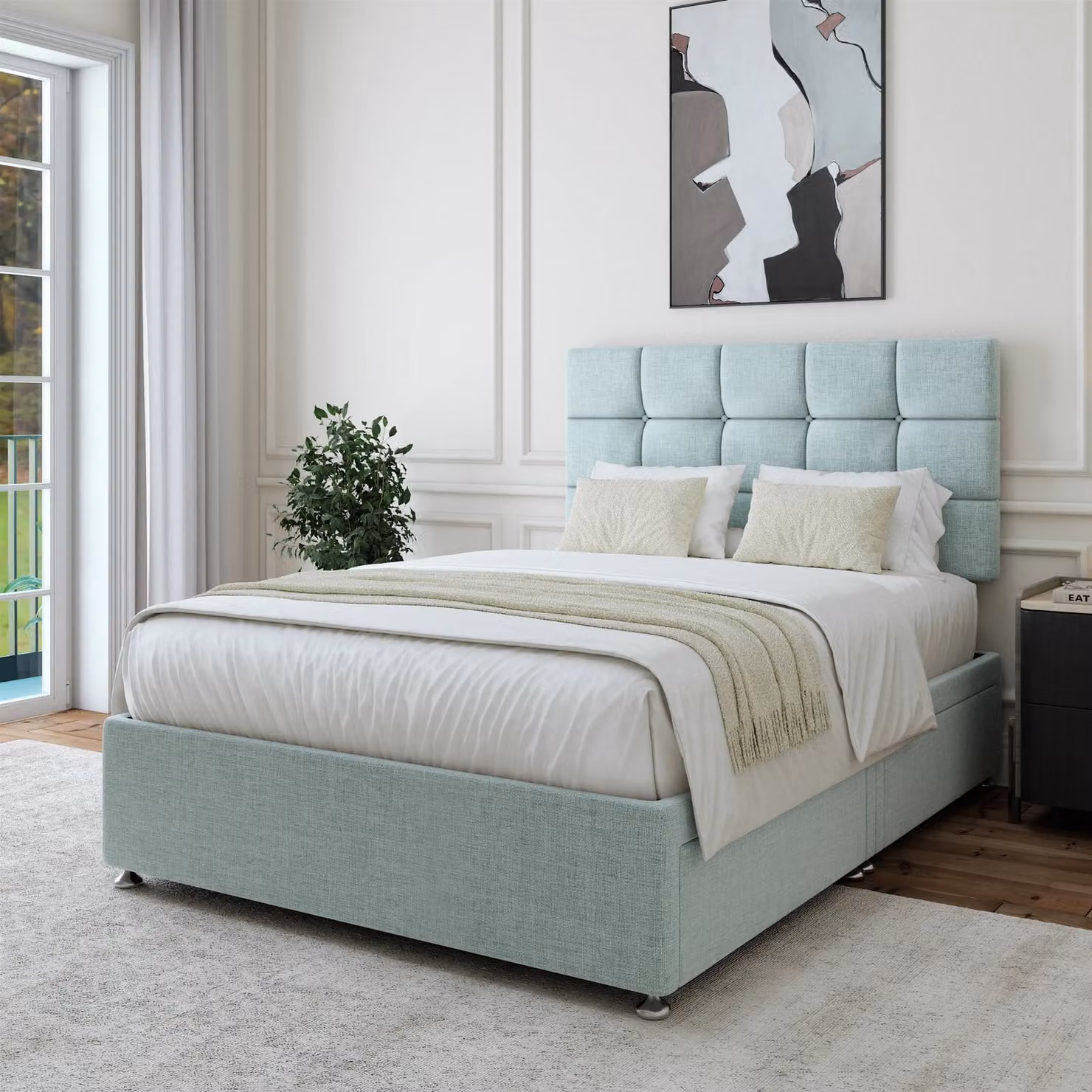 Bedmaster Super King Linen 4 Drawer Divan Base and Square Headboard in Brown