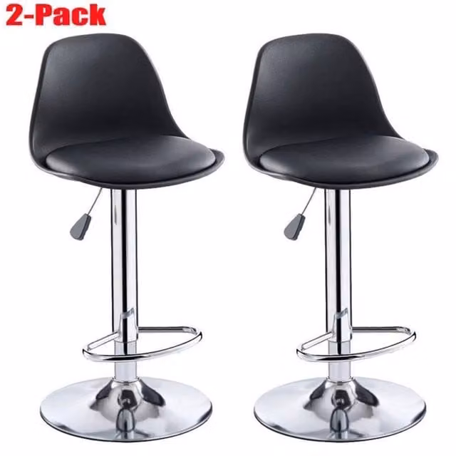 VOGREX Set of 2 Black Synthetic Leather and Metal Swivel Bar Stools