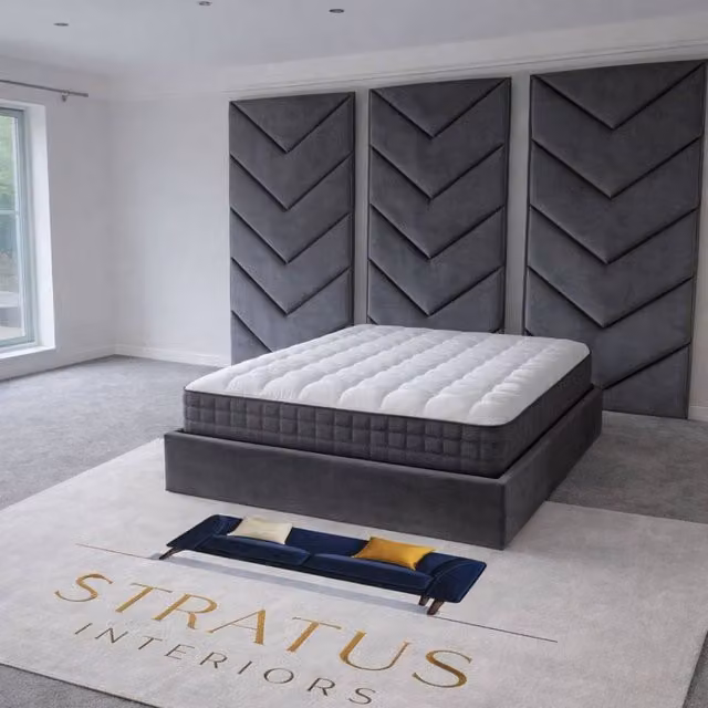 Stratus Interiors Optimus Luxury Velvet Bed Frame with Chevron Panel Headboard and Lift Up Base in Grey, W/D/H: 180 x 200 cm – 1
