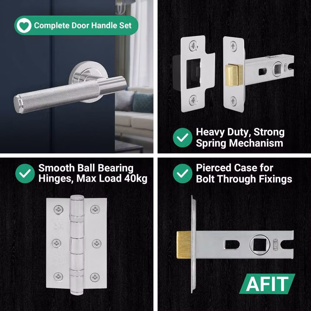 AFIT Polished Chrome Rose Latch Door Handle Kit with 6 Pairs of Knurled Silver Hinges – 6