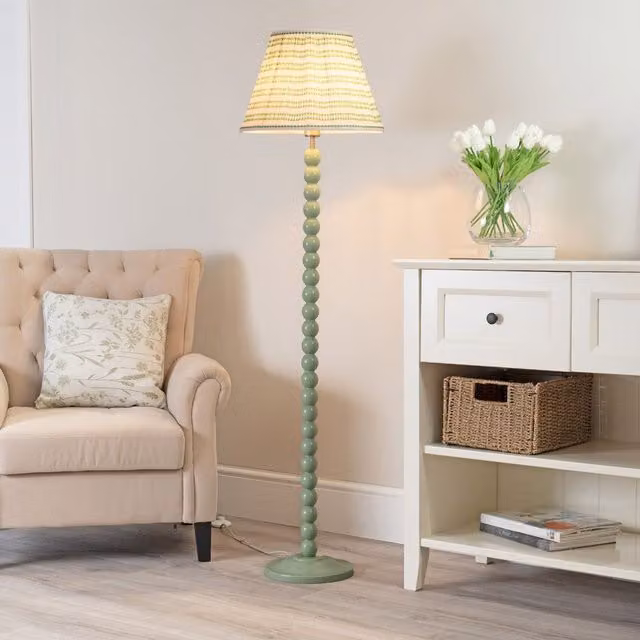 ValueLights Bobbins Sage Green Wood Floor Lamp with Pink Fabric Pleated Shade and LED Bulb – 1