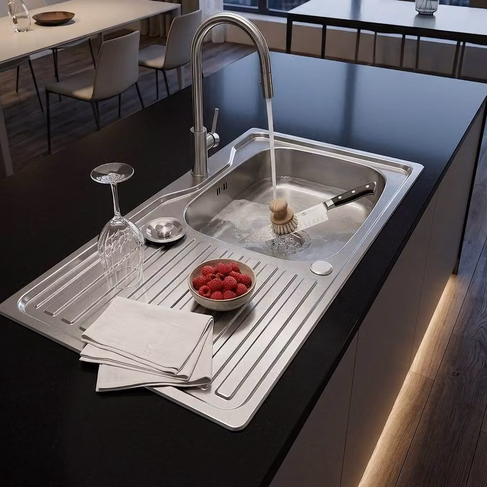 INMTFEI 304 Stainless Steel Single Bowl Kitchen Sink with Drainer Board in Silver – 3