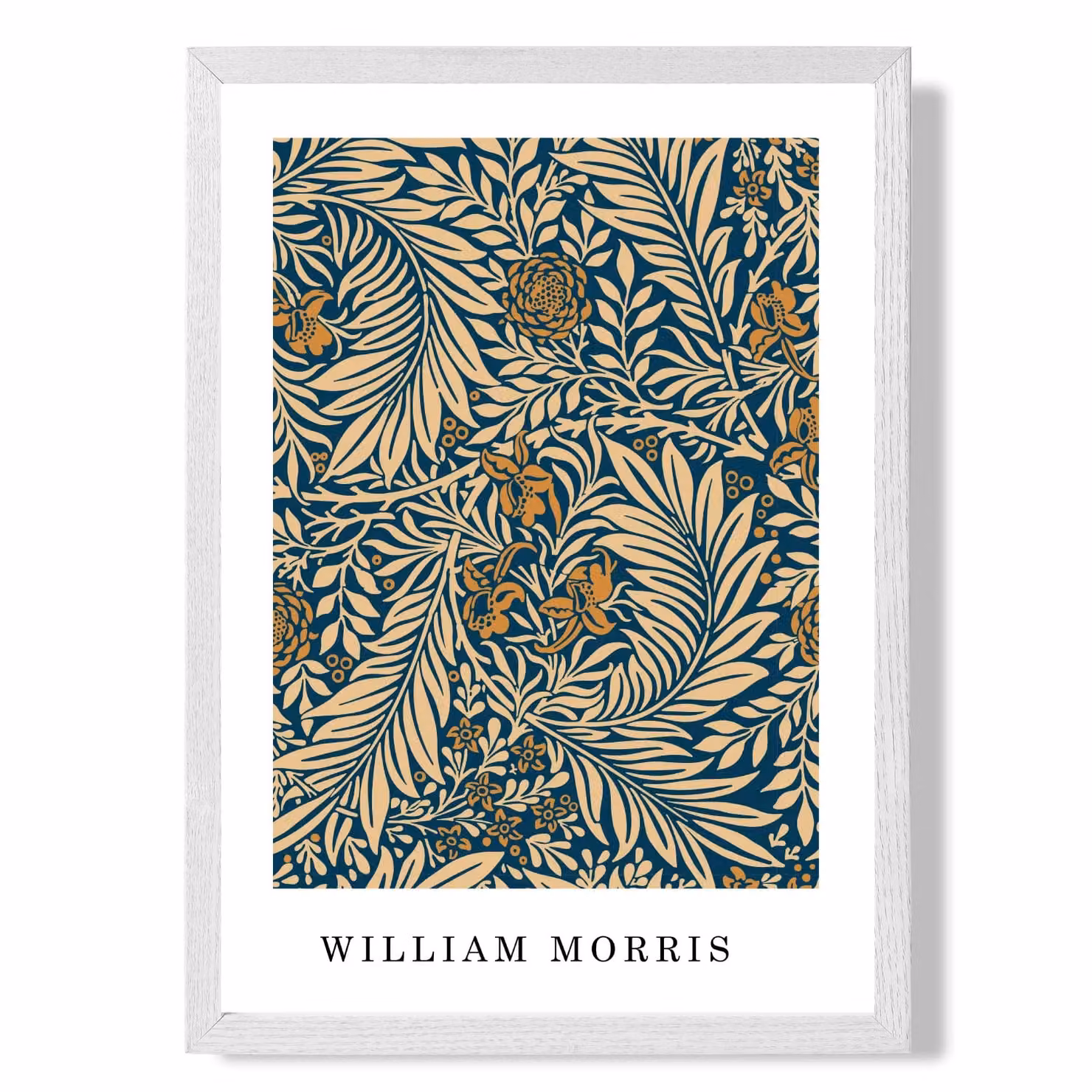 ARTZE Vintage William Morris Larkspur Floral Botanical Art Print in Navy, Beige and Blue with White Frame, A2 – 2