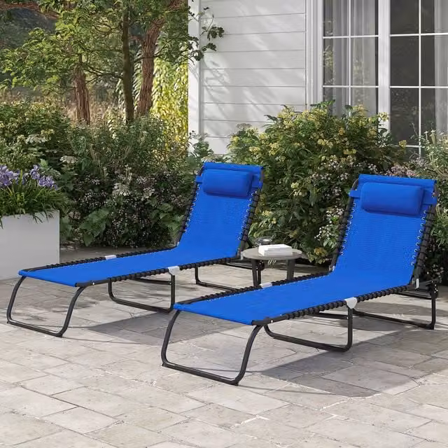 Outsunny Reclining Sun Lounger Set in Blue with Textilene Fabric and Adjustable Headrest