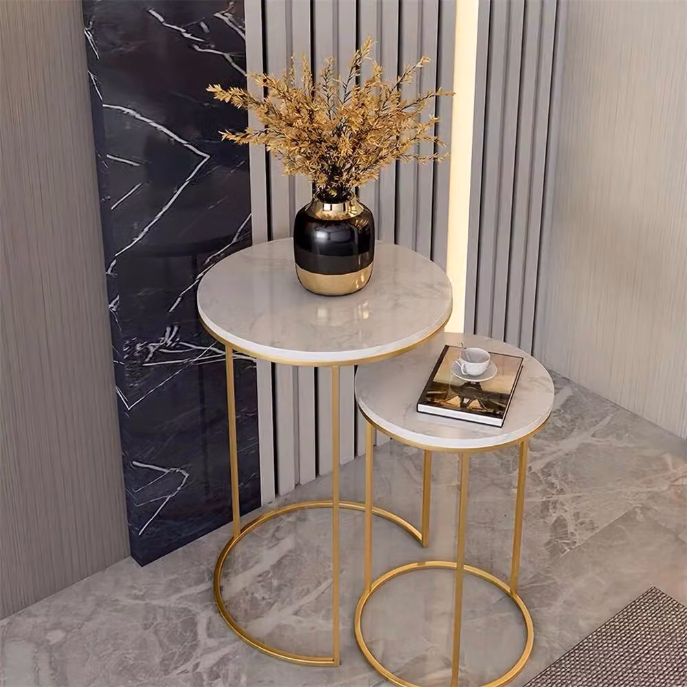 ERGOVEXA Nested Round Coffee Tables with Natural Stone Tops and Gold Metal Frame – 3