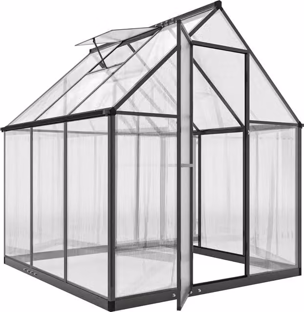 Outsunny Black Polycarbonate Walk-in Greenhouse with Swing Door, Adjustable Window and Rain Gutter, W/D/H: 182.88 x 178.0 x 195.0 cm – 1