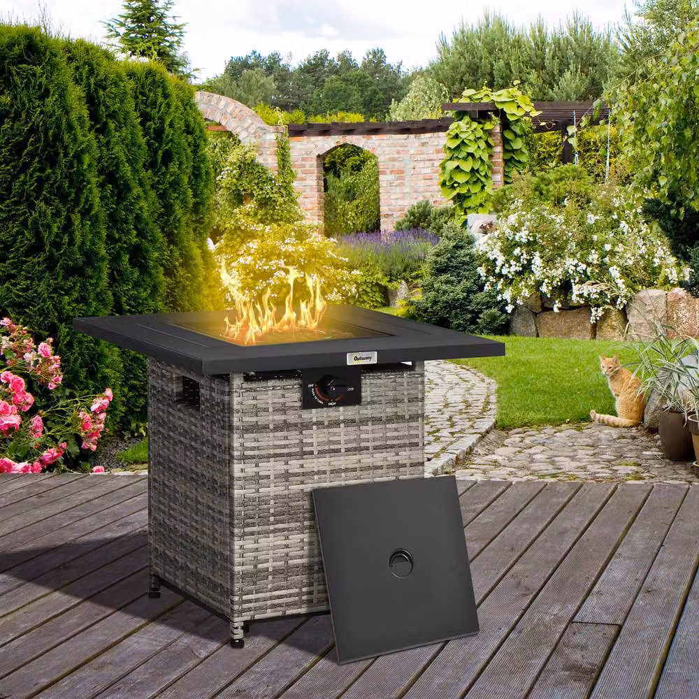 ERGOVEXA Grey PE Rattan Outdoor Gas Fire Pit Table with 40,000 BTU Output – 4