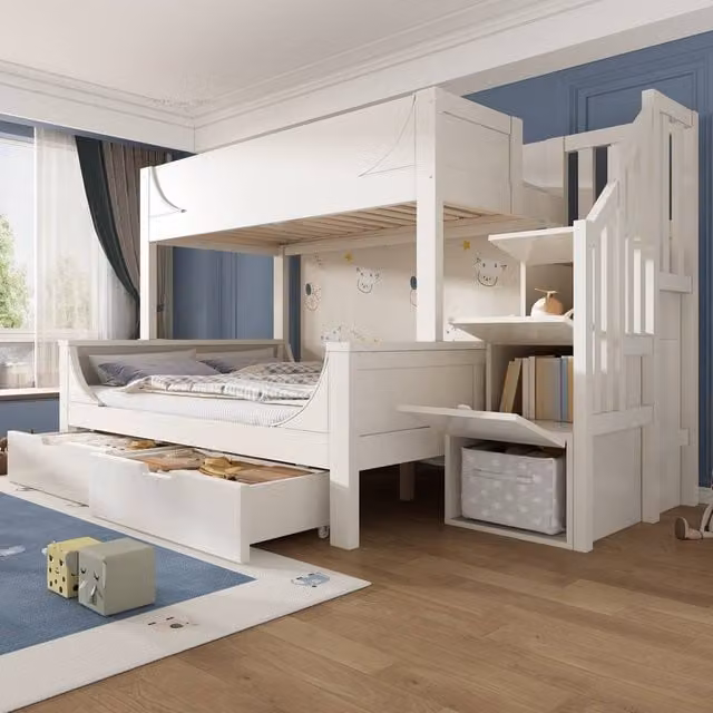 ModernLuxe Single over Double Bunk Bed with Storage Steps and 2 Drawers in White – 1
