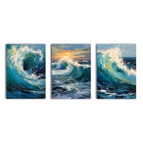 Simpa 3 Panel Canvas Wall Art, Blue and Multicolour Maritime Landscape Graphic, W/H: 60 x 40 cm – 1