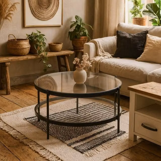 Wyld Haus Featheroak Round Smoked Glass Coffee Table in Grey with Black Metal Legs