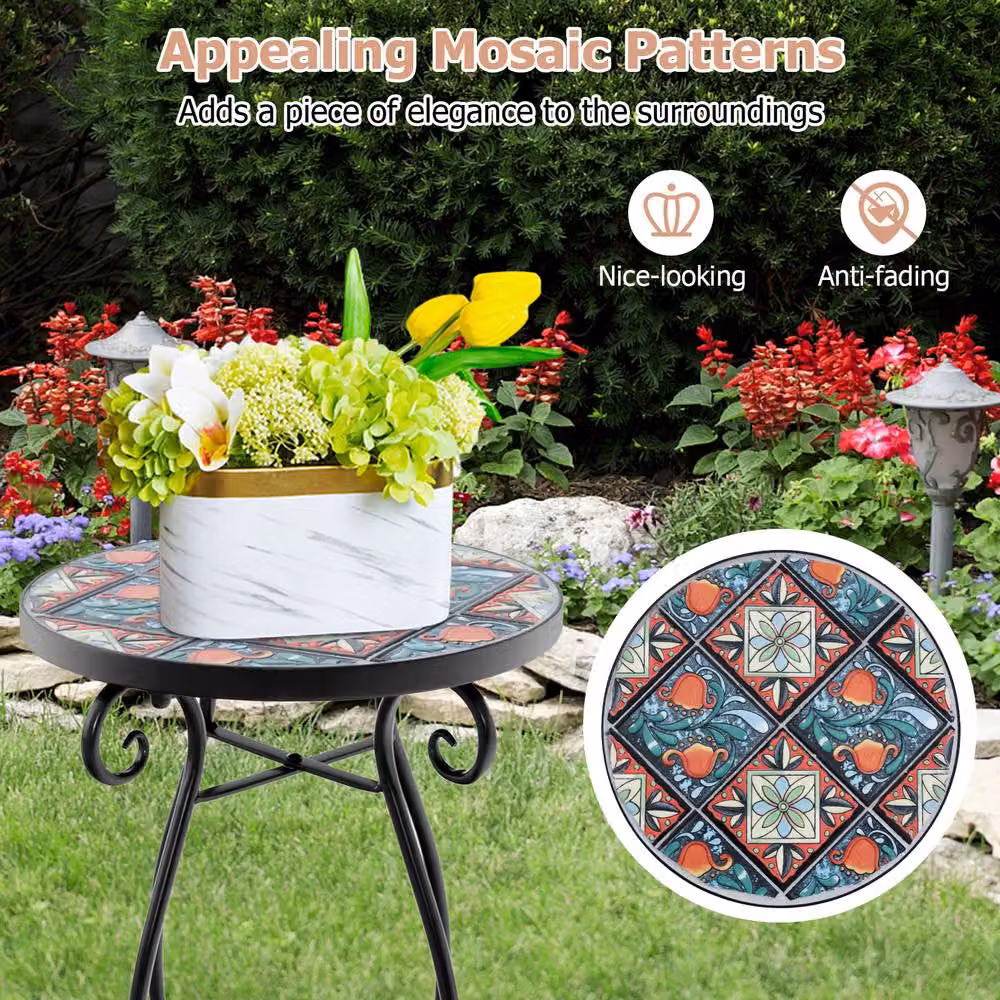 Costway Mosaic Round Outdoor Side Table with Multicolour Floral Ceramic Top and Metal Frame – 8
