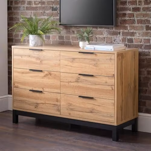 Julian Bowen Bali 6 Drawer Wide Chest of Drawers in Oak with Rattan Details W/D/H: 120 x 40 x 75 cm