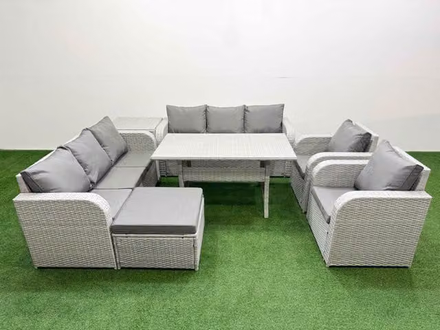Fimous Grey PE Rattan High Back Lounge Sofa Set with 3 Seater Sofa, Reclining Chair, Big Footstool, Side Table and Rectangular Dining Table & Chairs Set