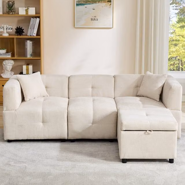 Aosom.UK L-Shaped Sectional Fabric Sofa with Removable Storage Ottoman and 2 Pillows, Beige, W: 204 cm, D: 68 cm, H: 69 cm – 1