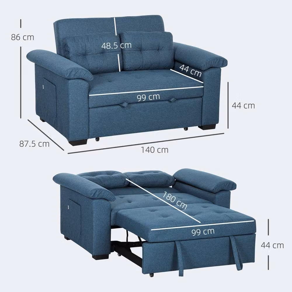 STILVORA 2 Seater Sofa Bed in Blue with Adjustable Headrest and Pull Out Frame – 2