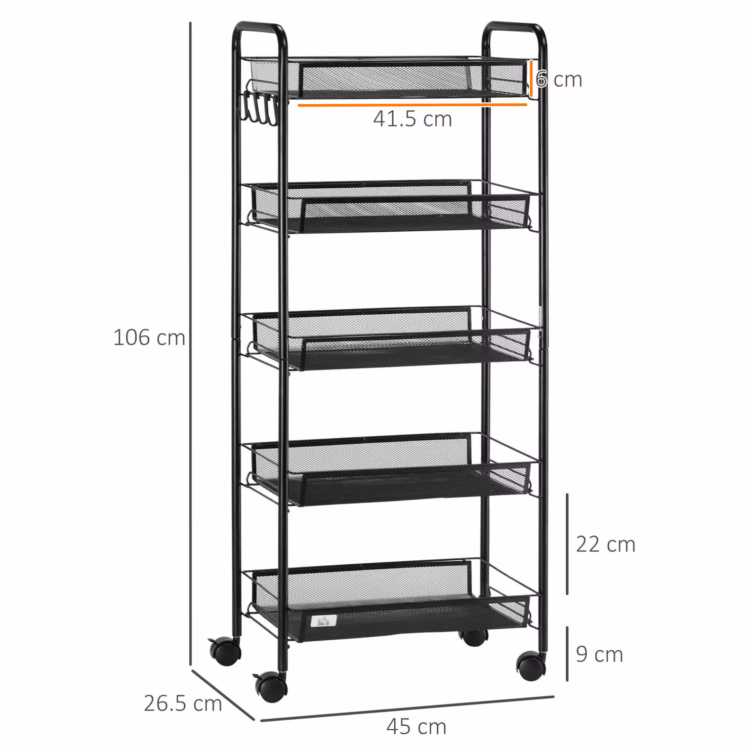HOMCOM 5 Tier Metal Utility Rolling Storage Cart with Removable Mesh Baskets in Black – 3
