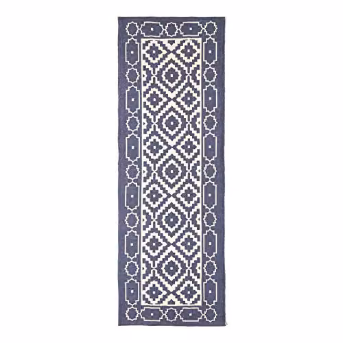 HOMESCAPES Halmstad Geometric Printed Hallway Runner, Blue and White, 100% Cotton, W: 66 cm, L: 200 cm – 2