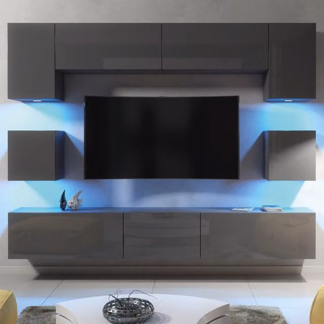 Creative Furniture Panorama Wall TV Unit in Glossy Grey with Integrated Lighting